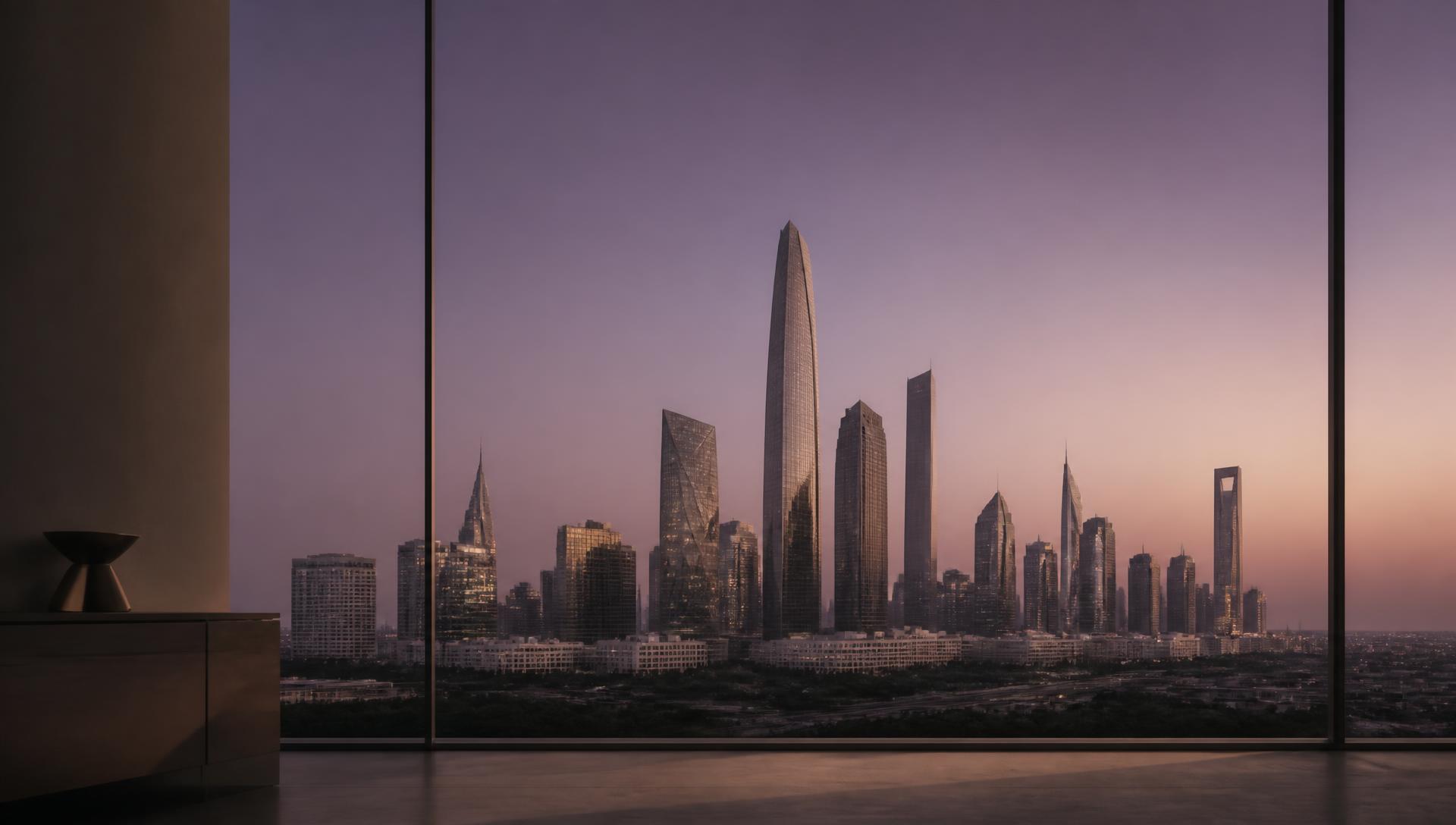 Skyline at dusk viewed through a minimal glass window